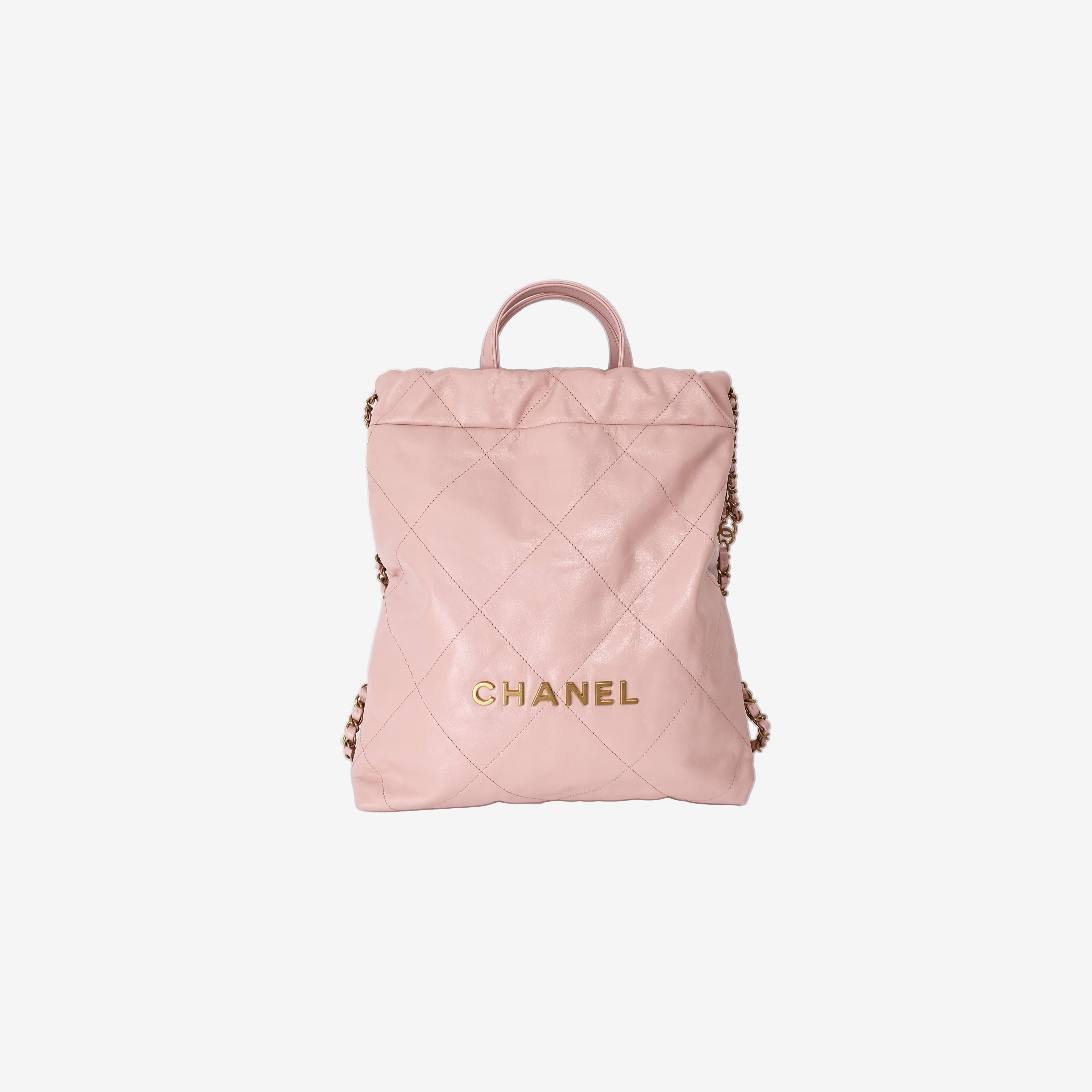 Chanel 22 Backpack in Pink Calfskin Leather with Gold Hardware front view