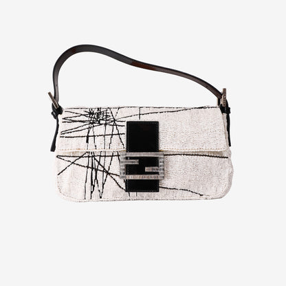 Fendi Beaded Scribble Baguette Shoulder Bag in White/Black with Silver-Tone Hardware