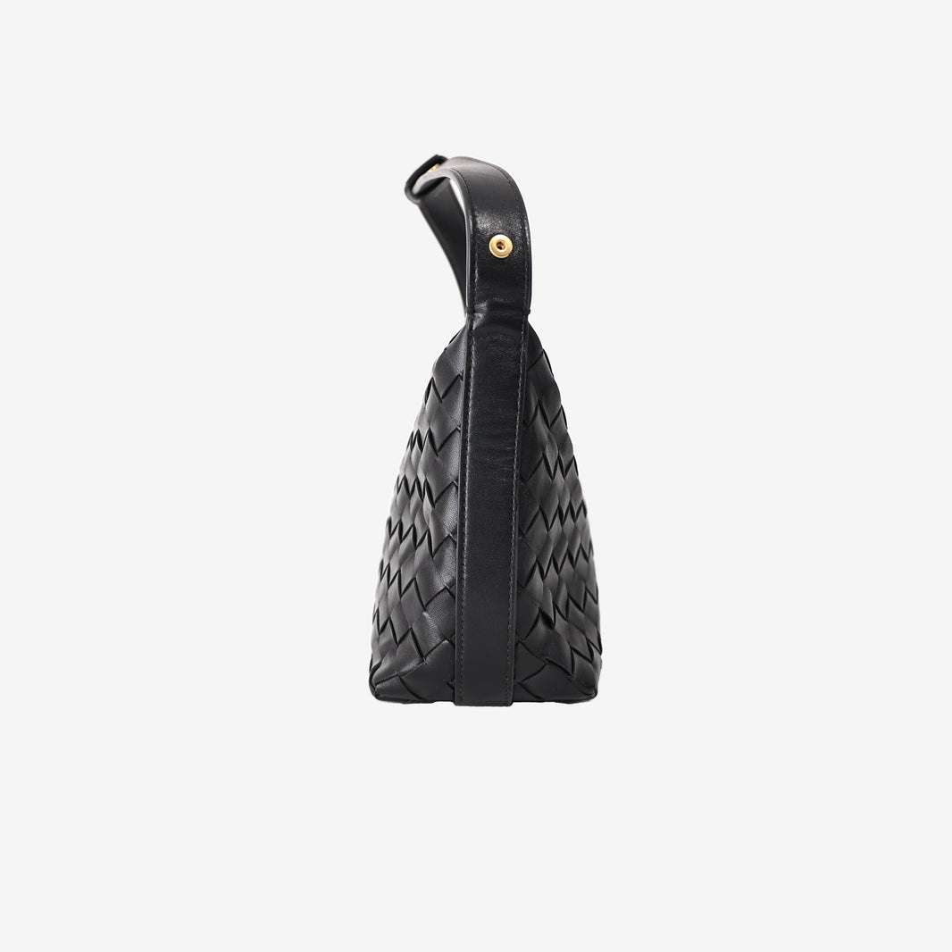 Bottega Veneta Wallace Mini Intrecciato Shoulder Bag in Black Leather with Gold Hardware