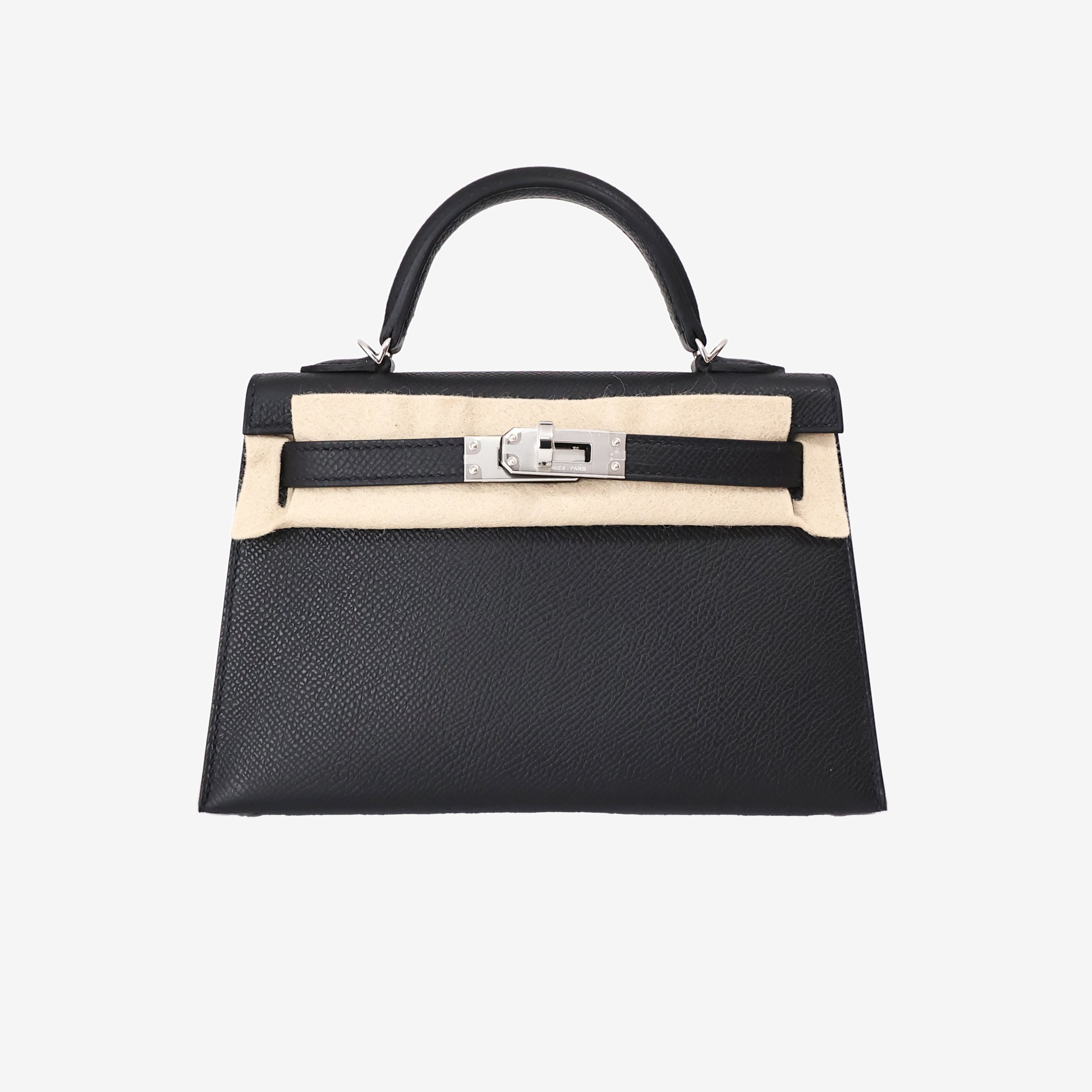 Hermès Mini Kelly 20 in Noir Epsom Leather with Palladium Hardware front view