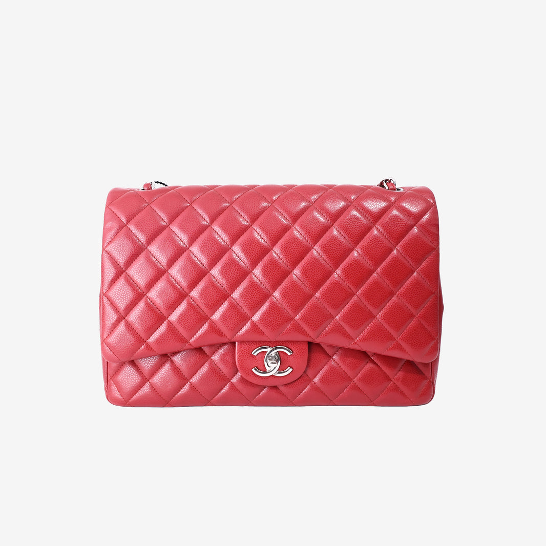 Chanel Classic Maxi Flap Bag in Red Caviar Leather with Silver Hardware