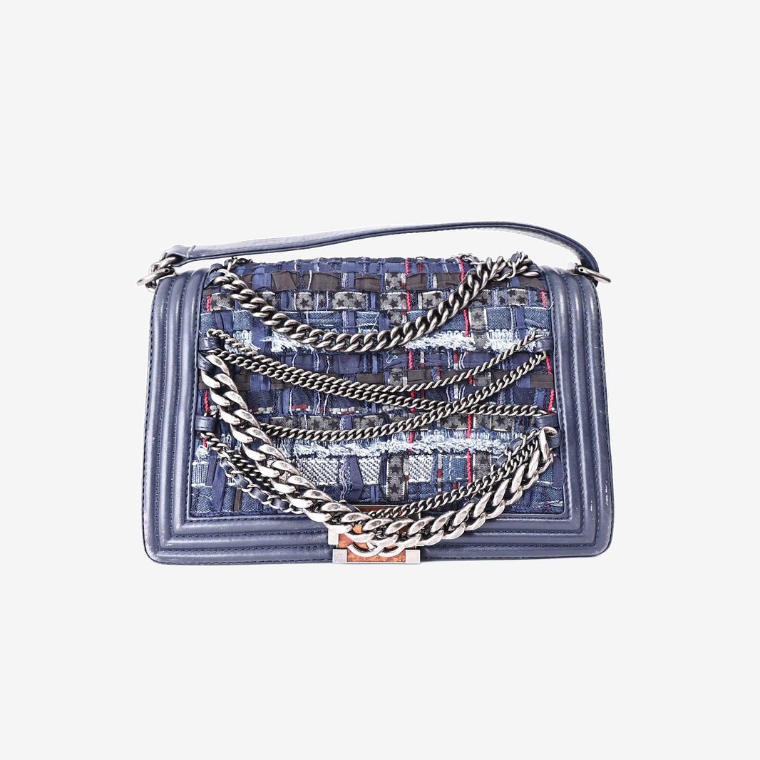Chanel Medium Boy Bag in Dark Blue Patchwork Denim and Lambskin Leather with Silver Hardware