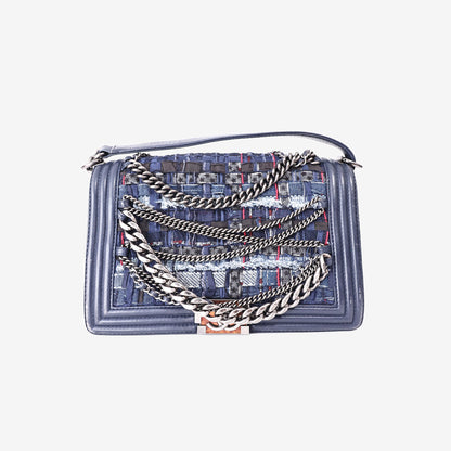 Chanel Medium Boy Bag in Dark Blue Patchwork Denim and Lambskin Leather with Silver Hardware