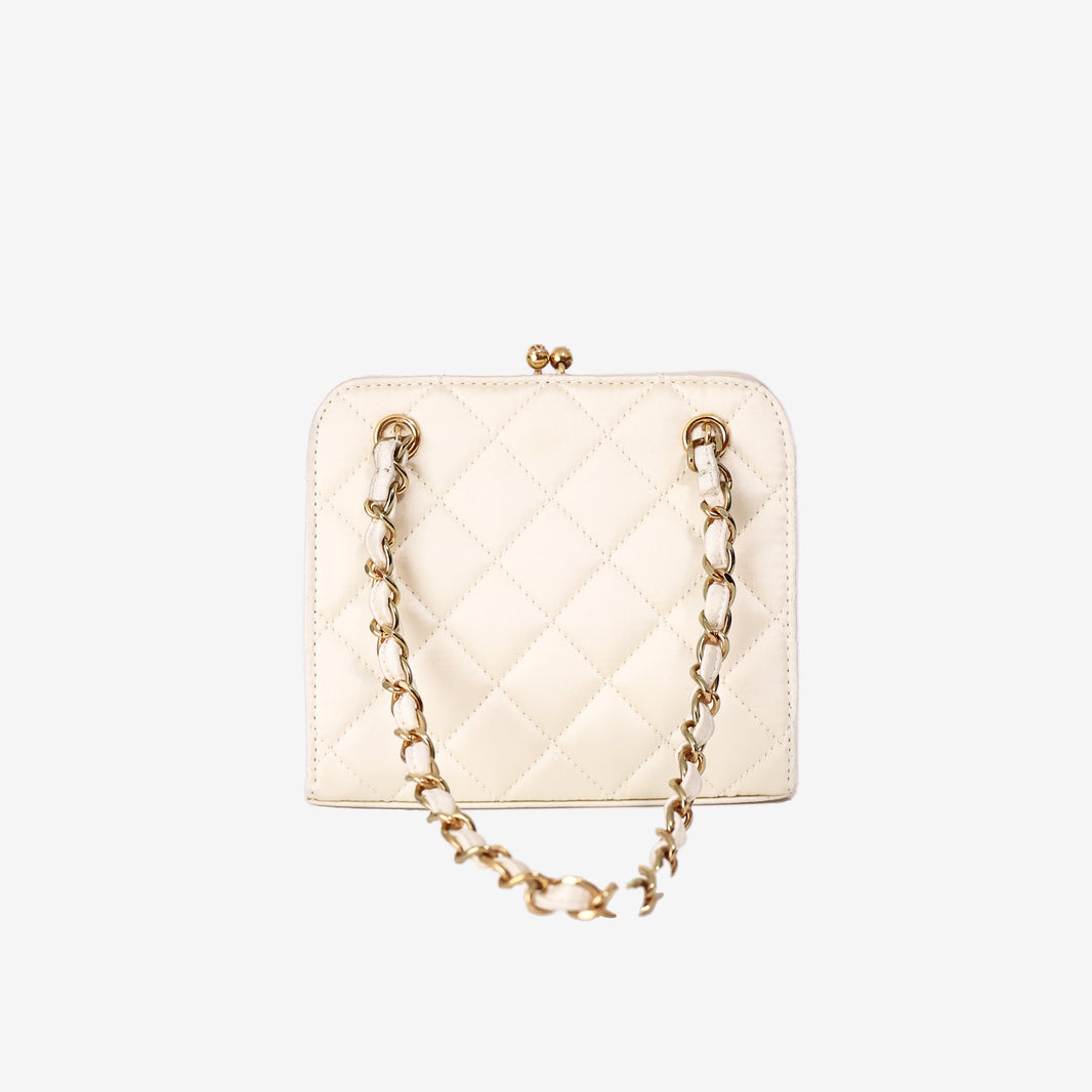Chanel Quilted Clutch in Beige Satin with Gold Hardware