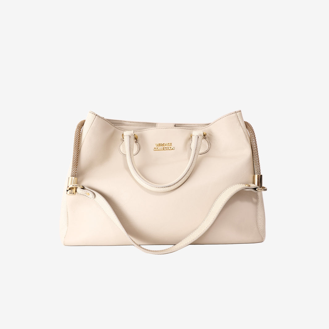 Versace Collection Leather Panel Tote Bag in Cream/Off-White Leather with Gold Hardware