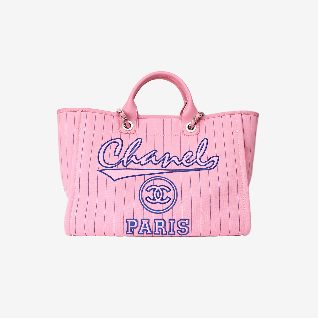 Chanel Large Deauville Tote in Pink and Blue Striped Canvas with Calfskin Leather and Palladium Hardware front view