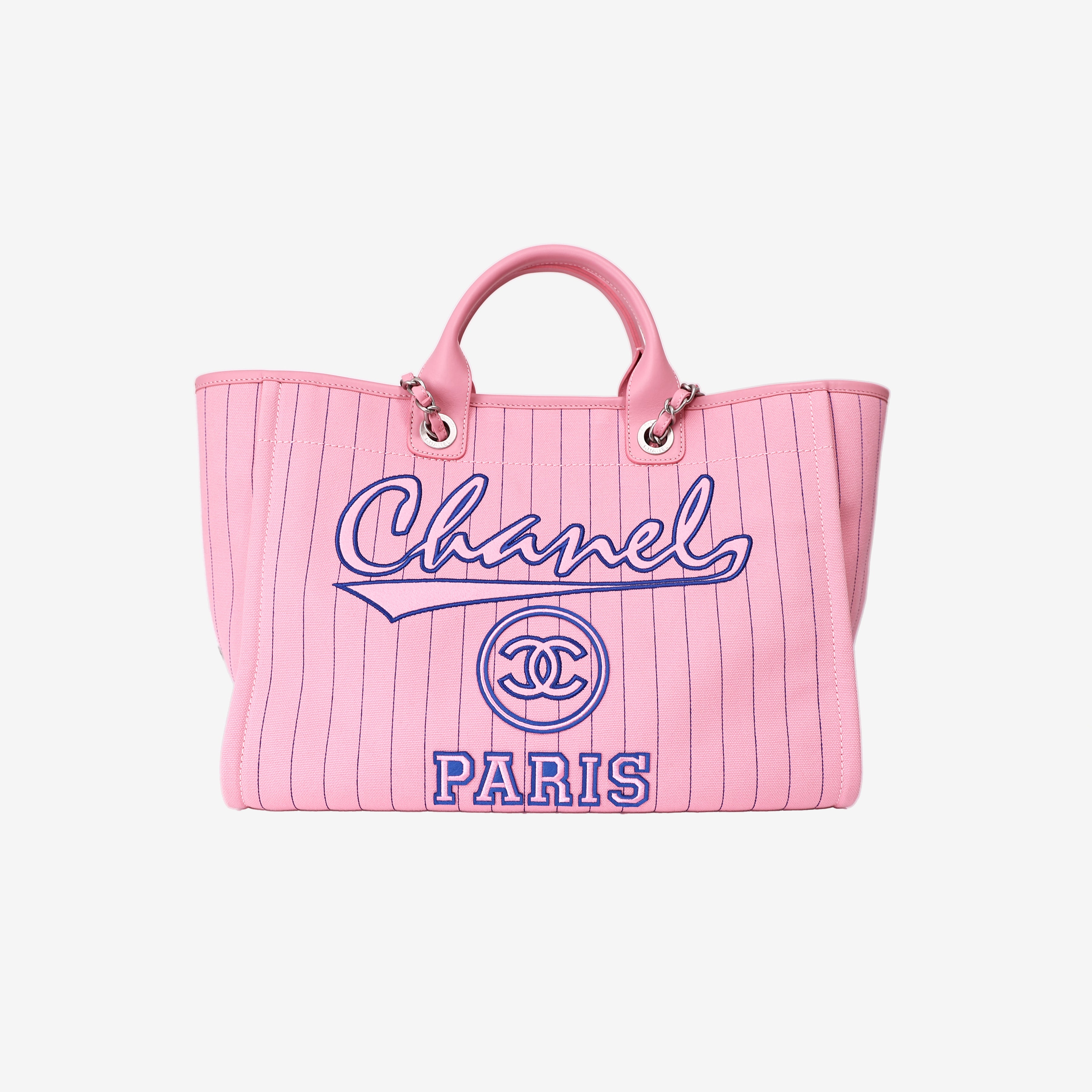Chanel Large Deauville Tote in Pink and Blue Striped Canvas with Calfskin Leather and Palladium Hardware front view