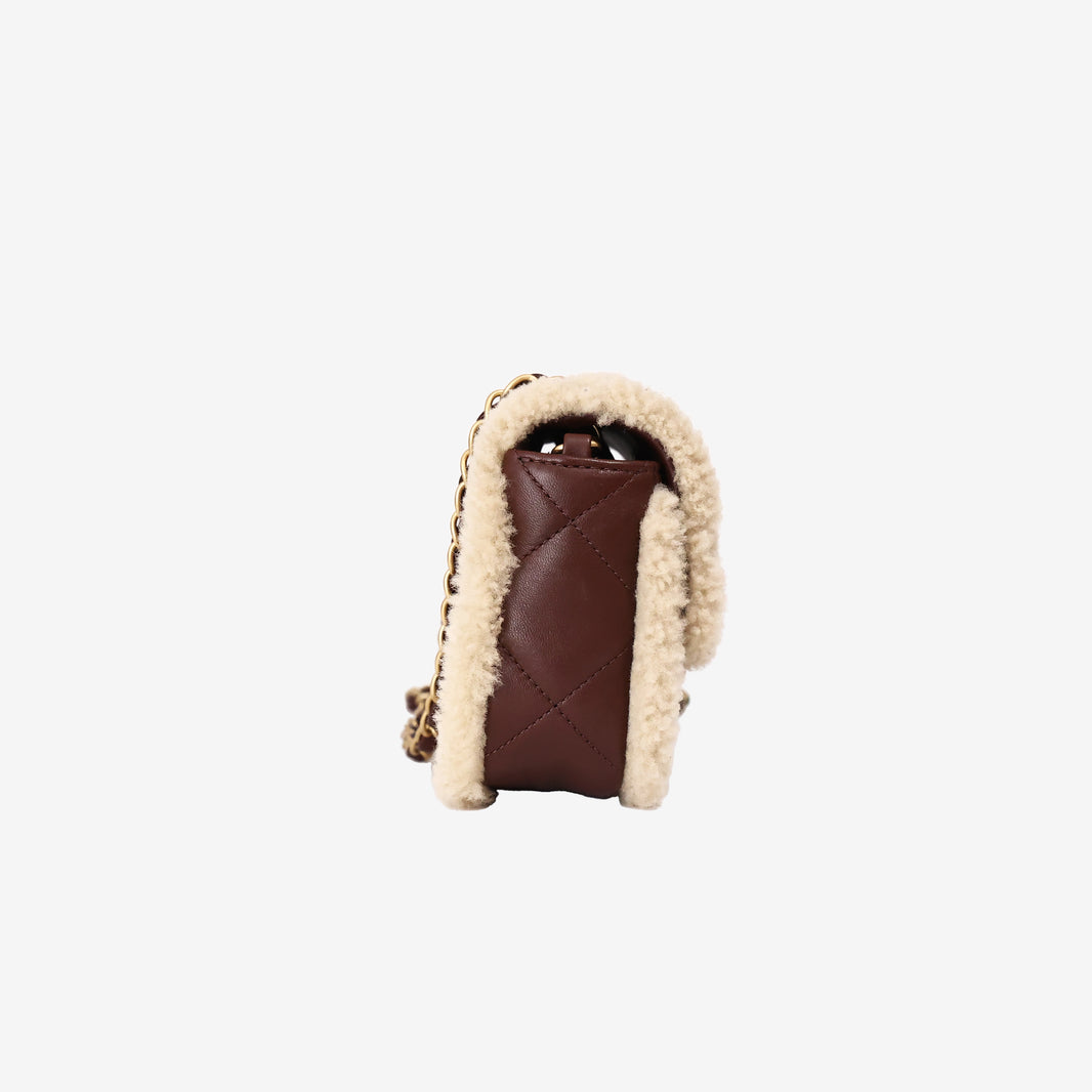Chanel Shearling Lambskin Quilted Mini Flap in Beige/Brown Lambskin Leather with Shearling side view