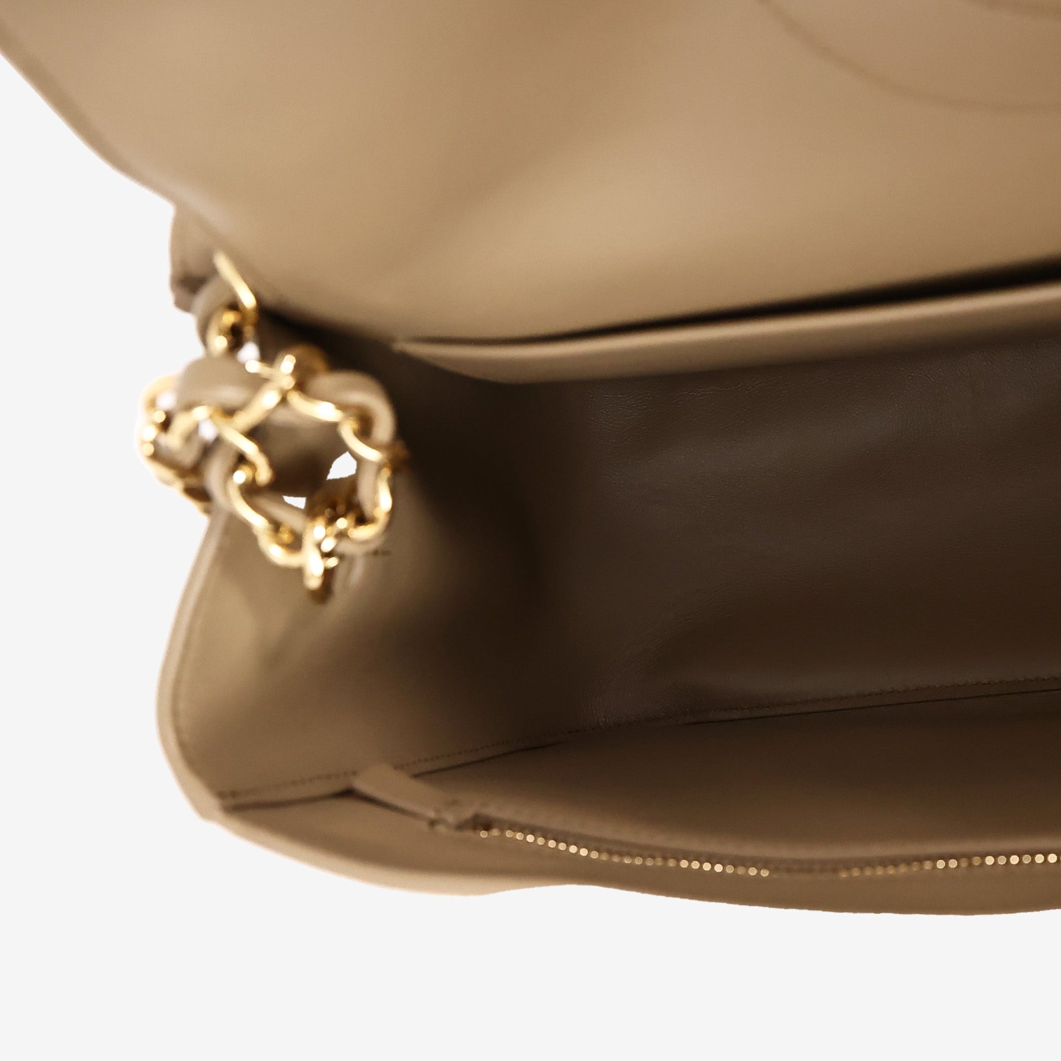 Chanel 26S Maxi Flap Bag in Dark Beige Suede Calfskin Leather with Gold Hardware interior view