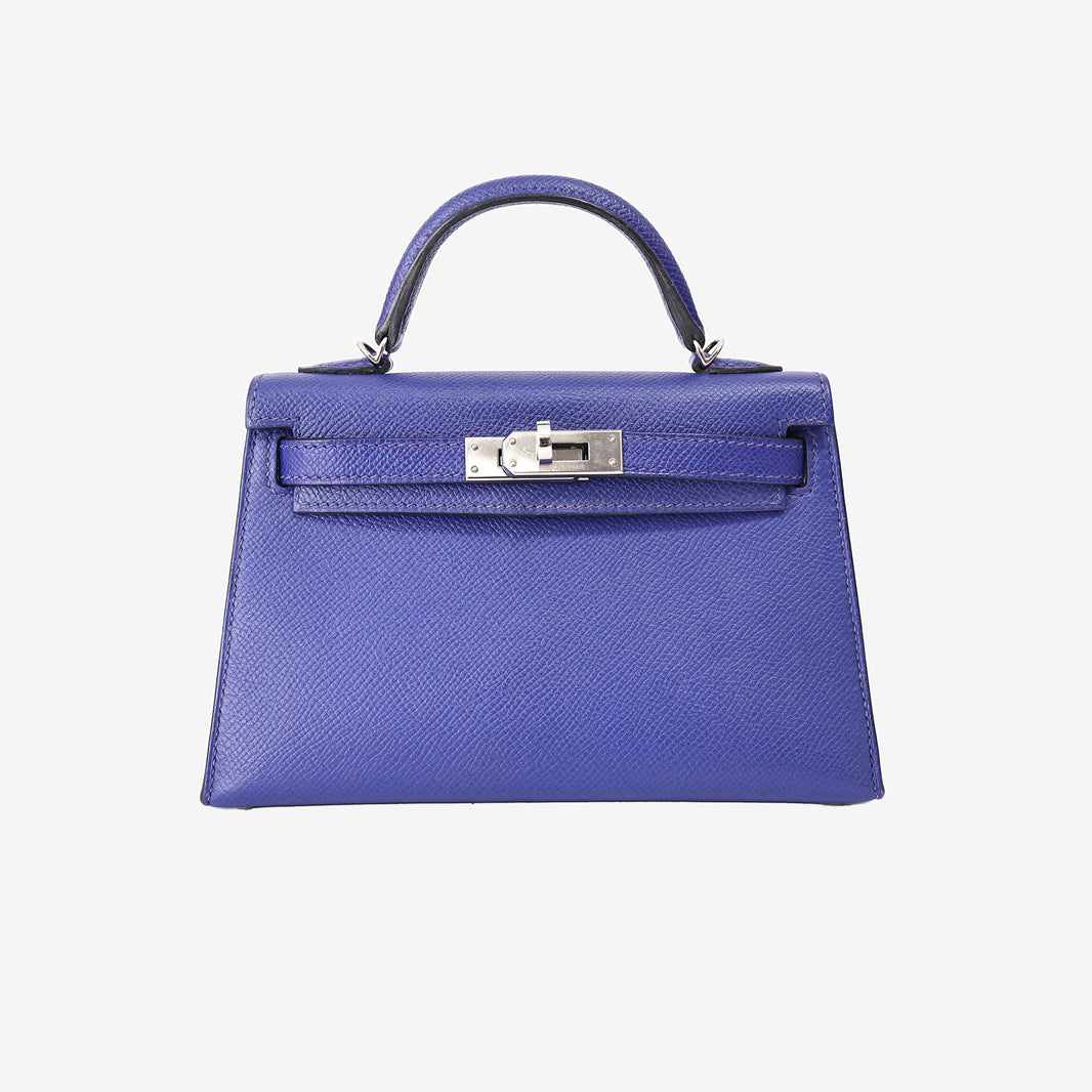 Hermès Mini Kelly 20 in Bleu Électrique Epsom Leather with Palladium Hardware front view