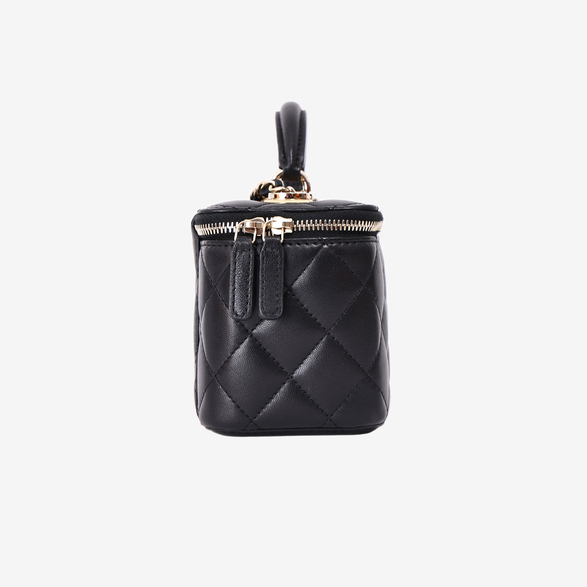 Chanel Small Vanity Case with Top Handle in Black Lambskin Leather with Gold Hardware side view