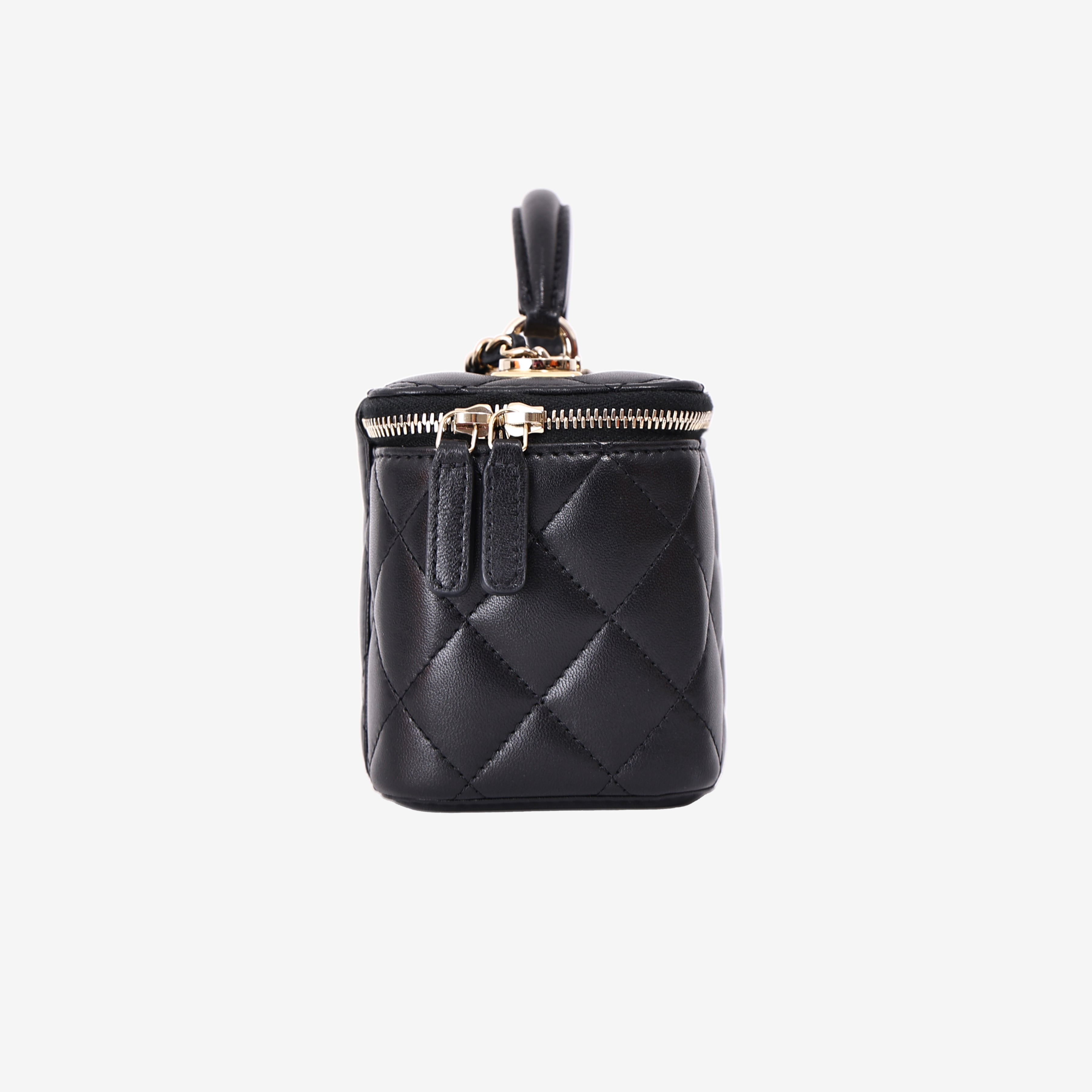 Chanel Small Vanity Case with Top Handle in Black Lambskin Leather with Gold Hardware side view