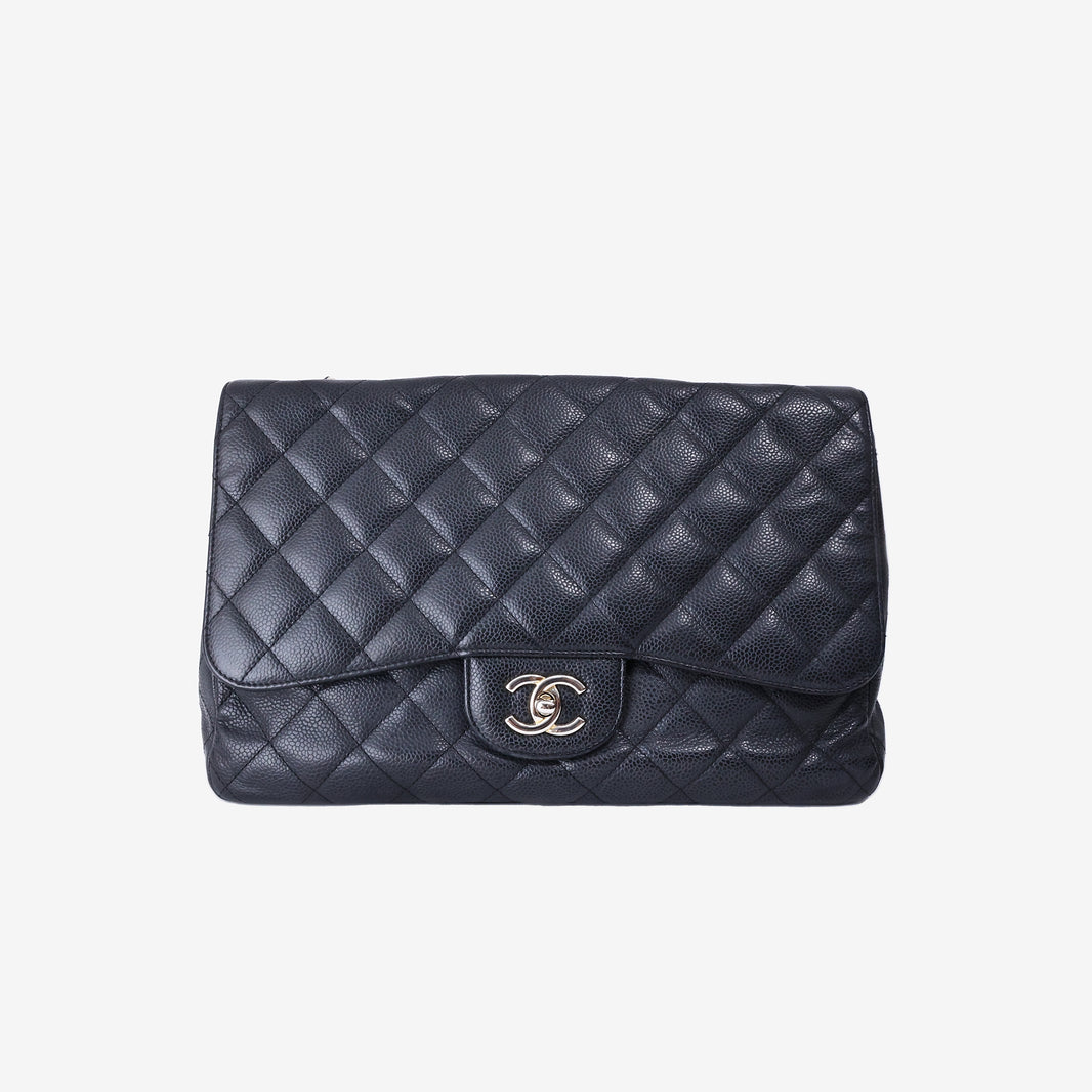 Chanel Jumbo Classic Flap Bag in Black Caviar Leather with Gold Hardware