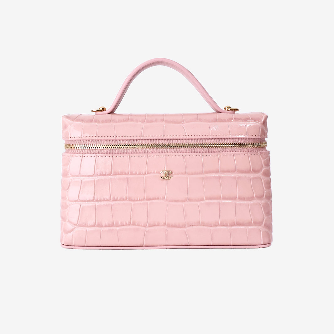 Chanel Crocodile-Embossed Slim Vanity Case in Pink Calfskin Leather with Gold Hardware