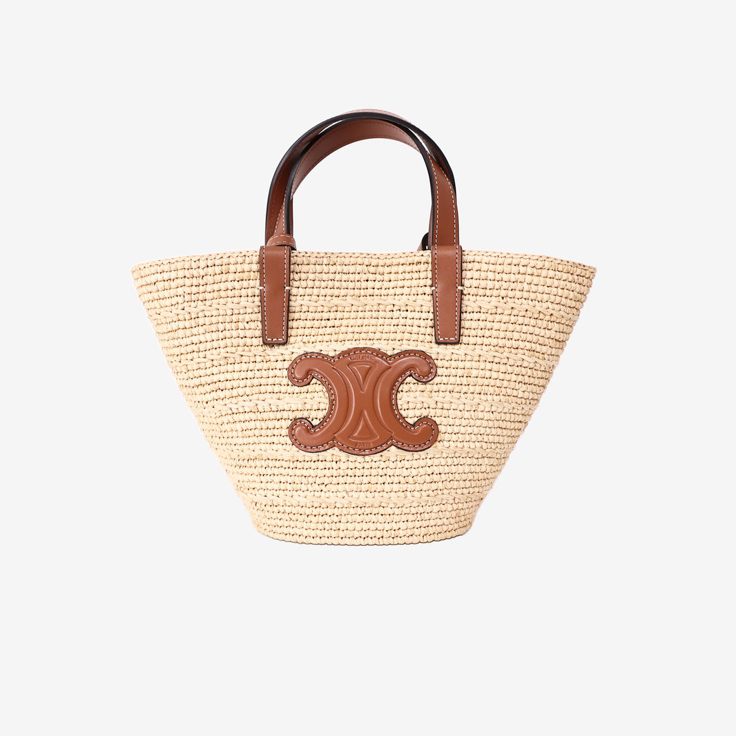 Celine Triomphe Panier Bag in Raffia with Tan Calfskin Leather front view