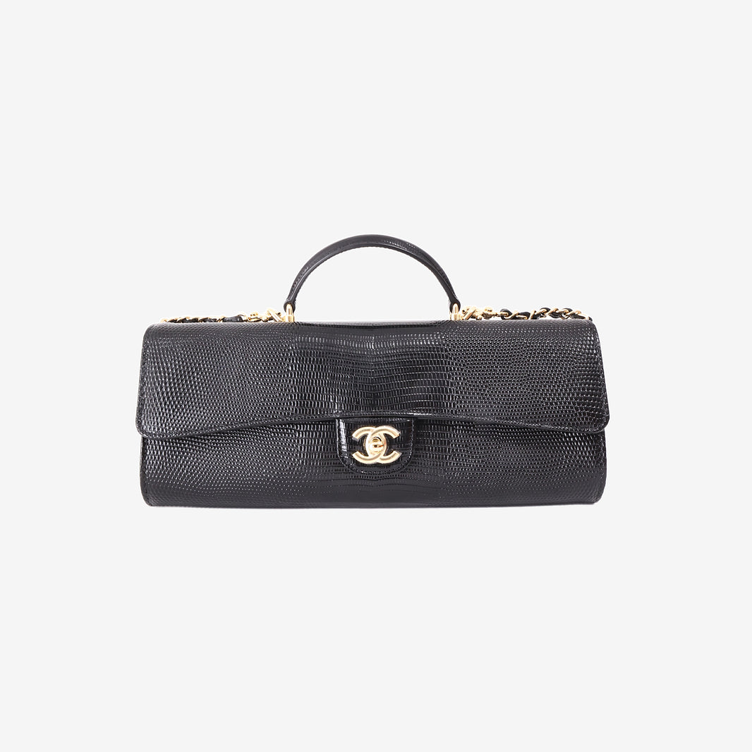 Chanel 26A Clutch with Top Handle in Black Lizard-Embossed Calfskin with Gold Hardware