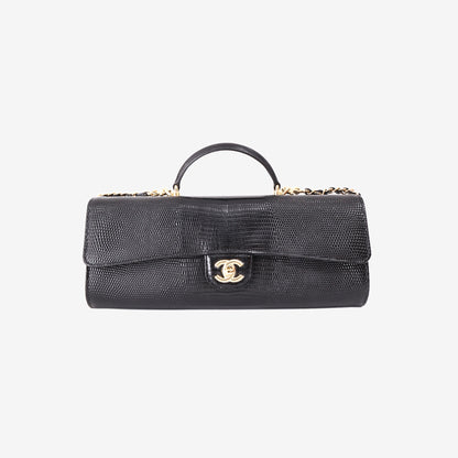 Chanel 26A Clutch with Top Handle in Black Lizard-Embossed Calfskin with Gold Hardware