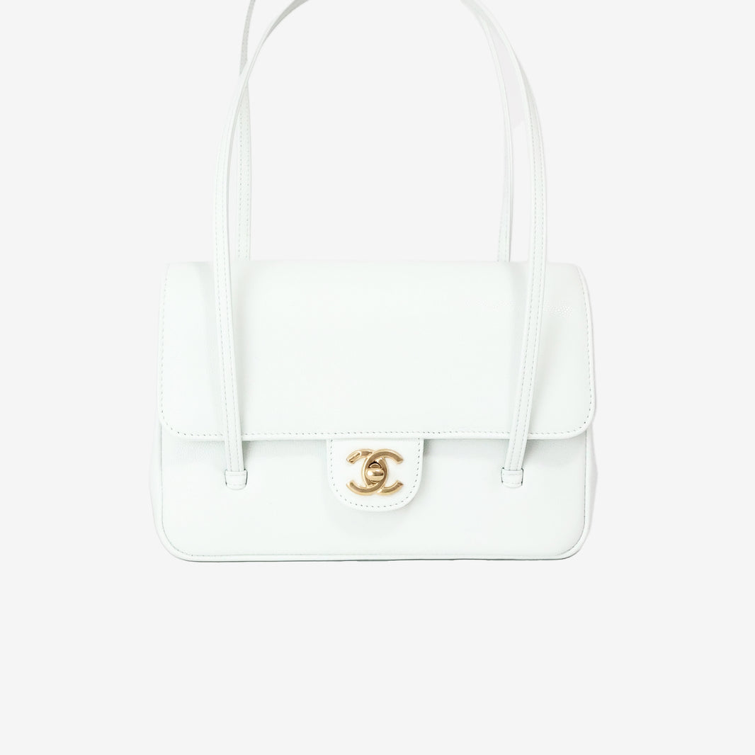 Chanel 26P Preppy Flap Small in White Calfskin Leather with Gold Hardware front view