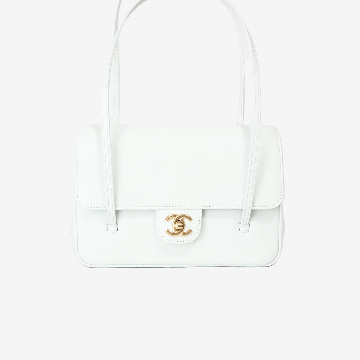 Chanel 26P Preppy Flap Small in White Calfskin Leather with Gold Hardware front view