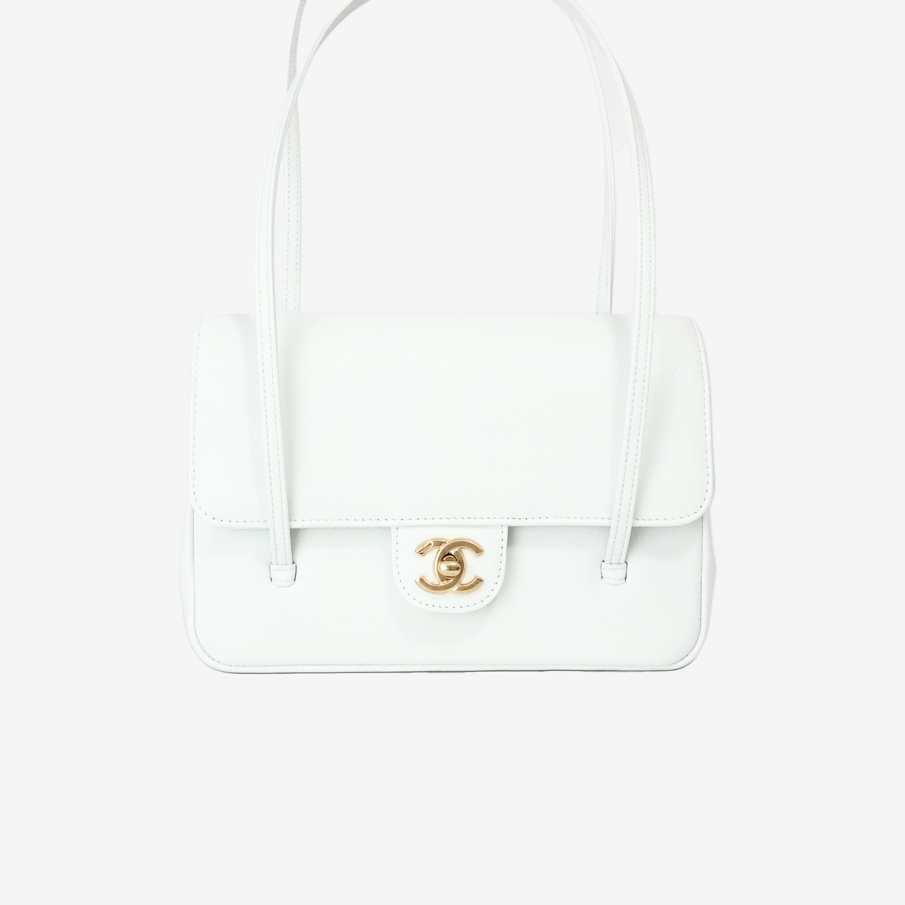 Chanel 26P Preppy Flap Small in White Calfskin Leather with Gold Hardware front view