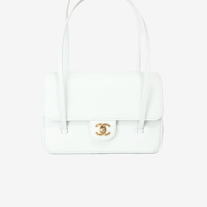 Chanel 26P Preppy Flap Small in White Calfskin Leather with Gold Hardware front view