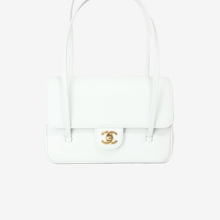 Chanel 26P Preppy Flap Small in White Calfskin Leather with Gold Hardware front view