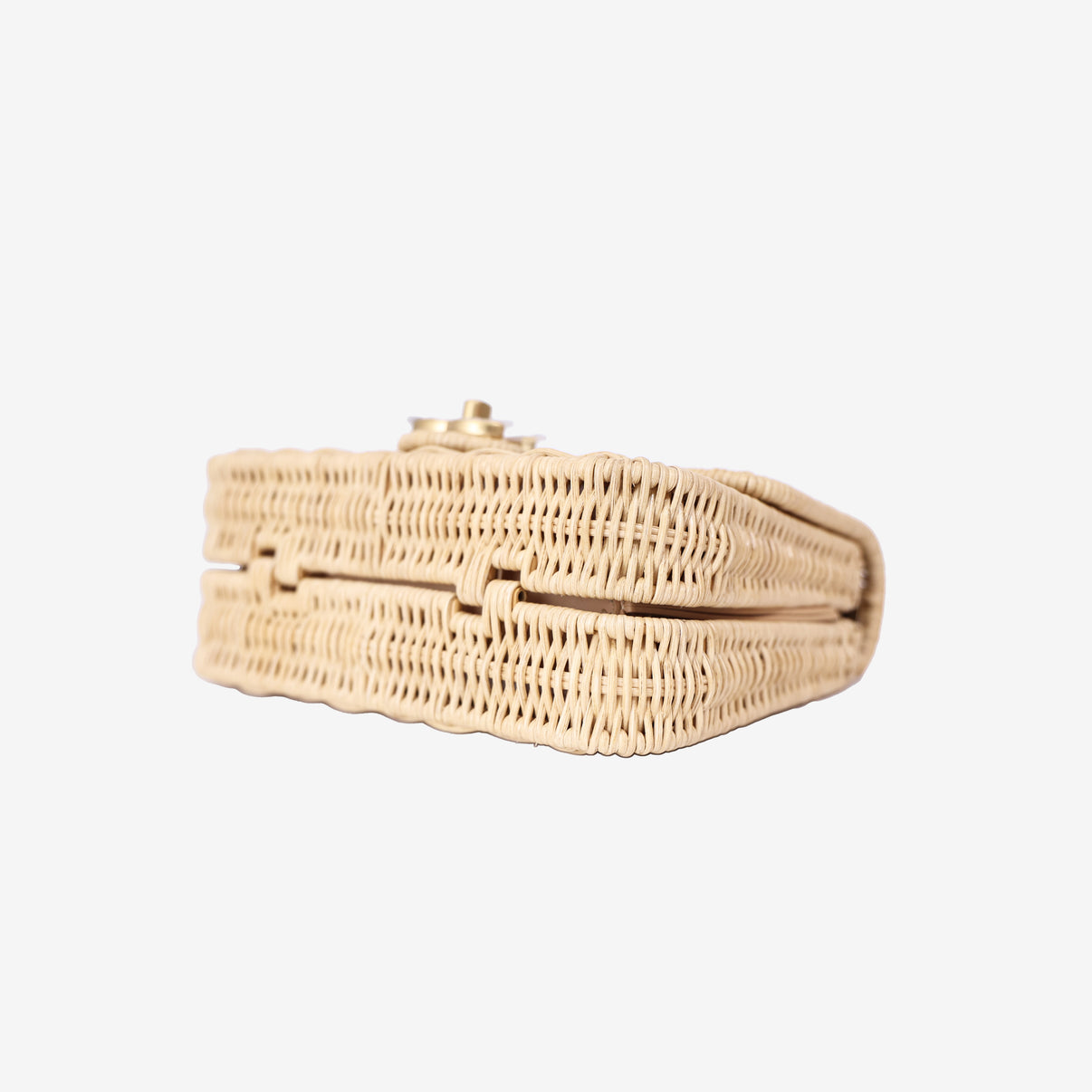 Chanel Mini Flap Bag with Top Handle in Beige Braided Rattan with Gold Hardware bottom side view