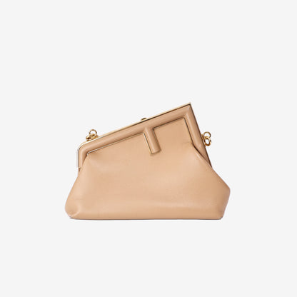 Fendi Small First Clutch in Poudre Beige Shiny Nappa Leather with Gold Hardware