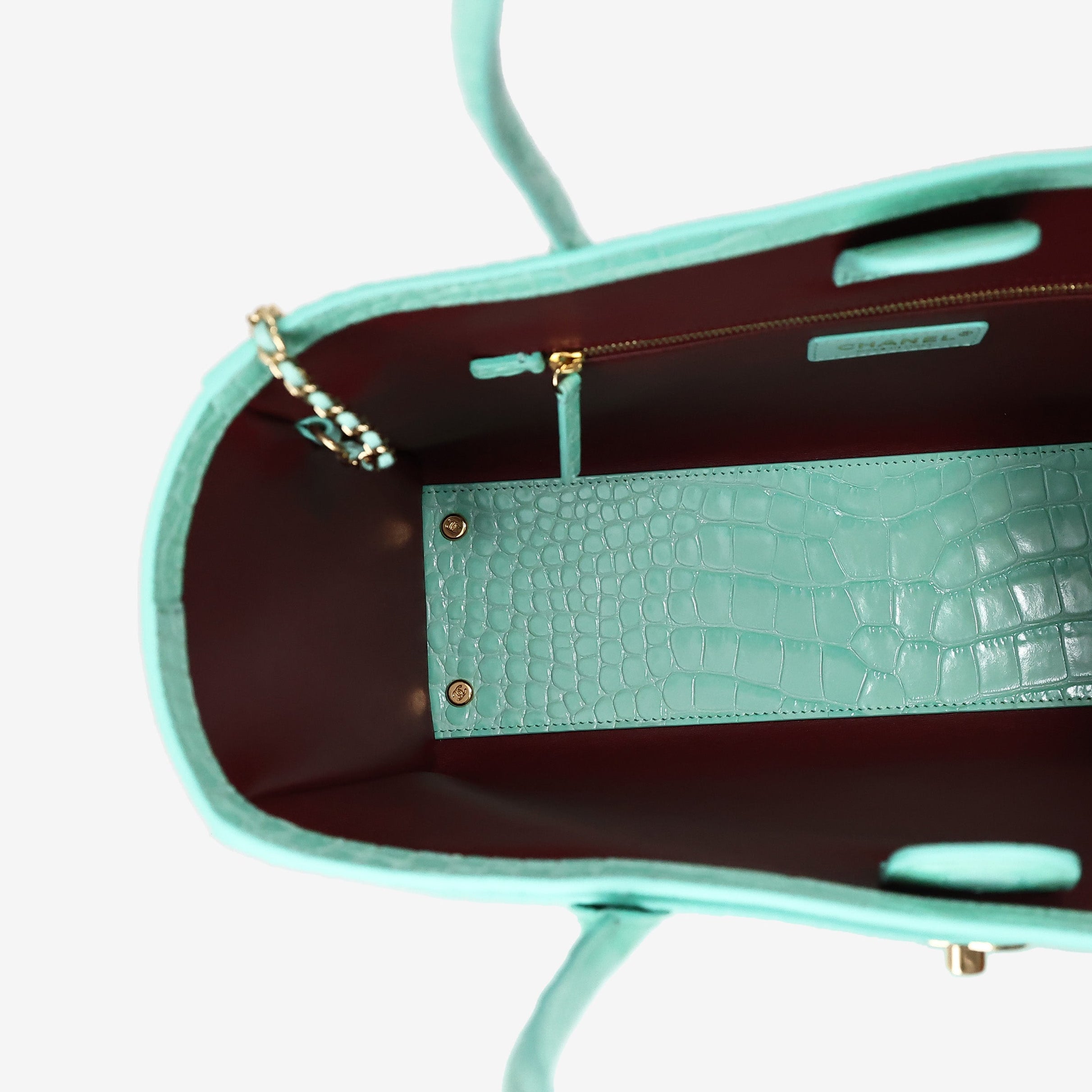 Chanel 26S Shopping Bag in Green Crocodile Embossed Calfskin Leather with Gold Hardware interior view