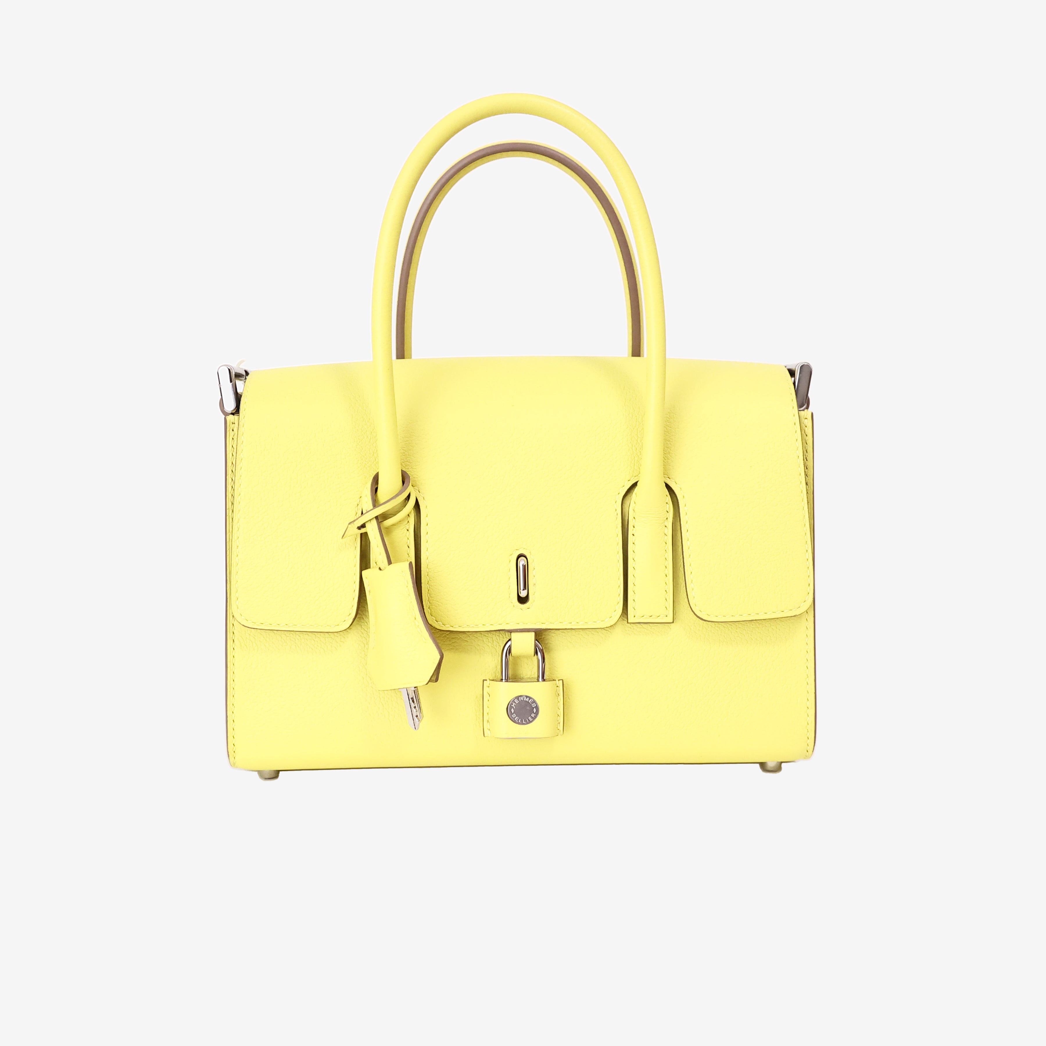 Hermès New Drag 22 in Lime Yellow Evercolor Leather with Palladium Hardware front view