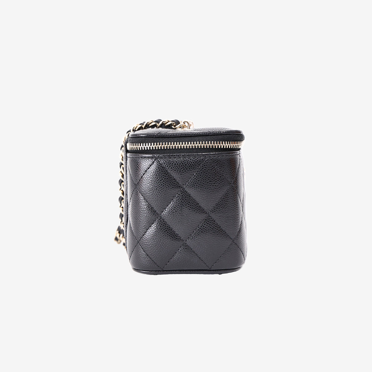 Chanel Small Vanity Case with Chain in Black Caviar Leather with Gold Hardware side view