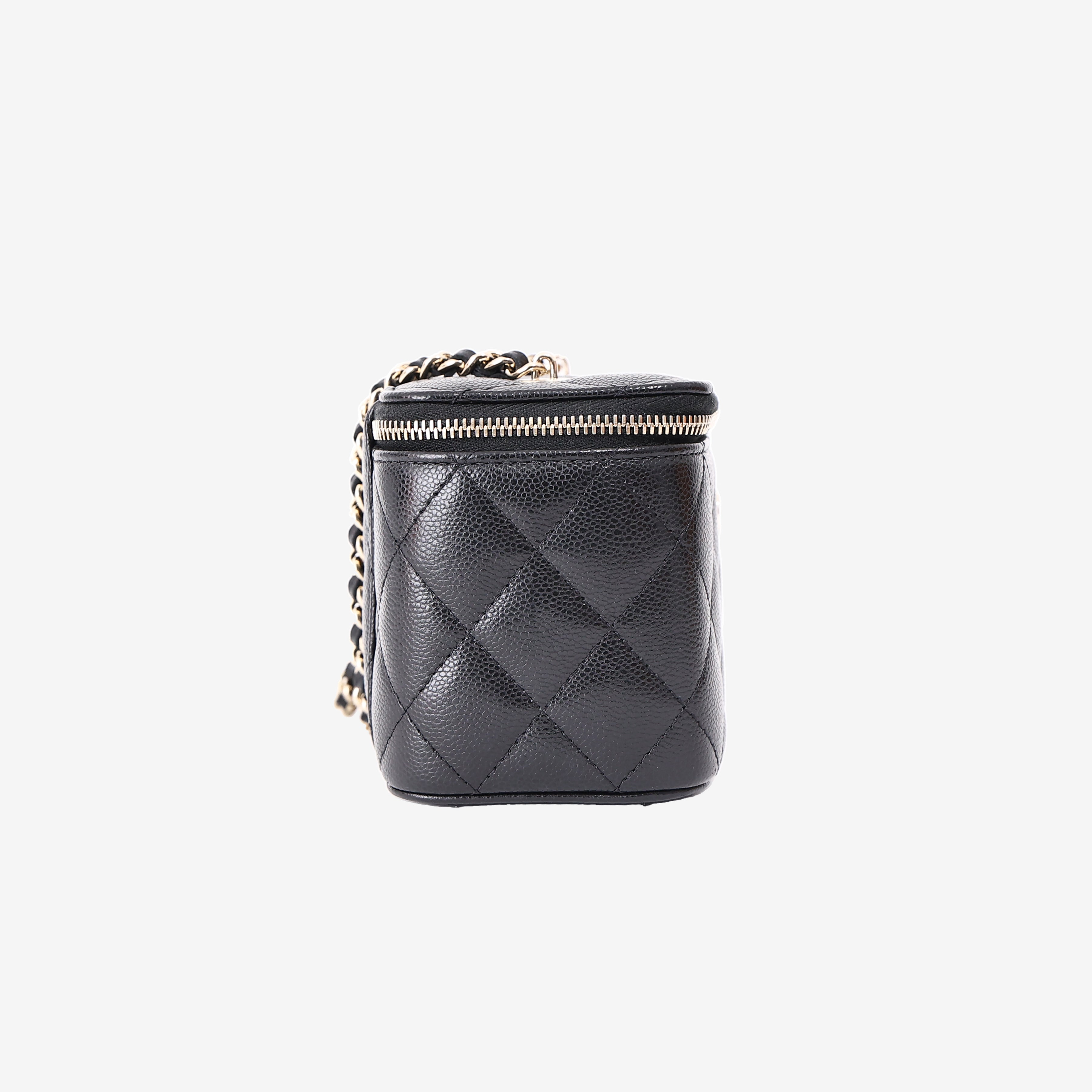 Chanel Small Vanity Case with Chain in Black Caviar Leather with Gold Hardware side view