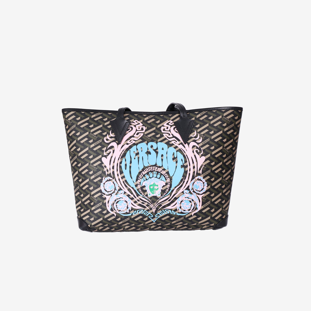 Versace La Greca Medusa Music Tote in Brown Coated Canvas and Calfskin Leather