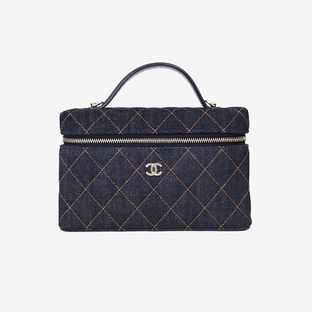 Chanel Classic Vanity with Chain in Dark Blue Denim with Gold Hardware front view