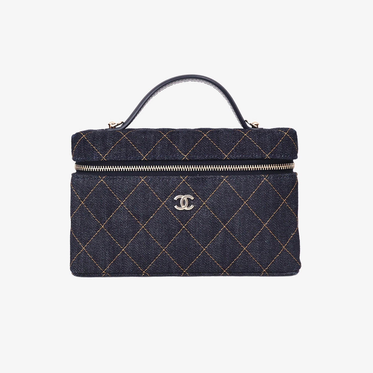 Chanel Classic Vanity with Chain in Dark Blue Denim with Gold Hardware front view