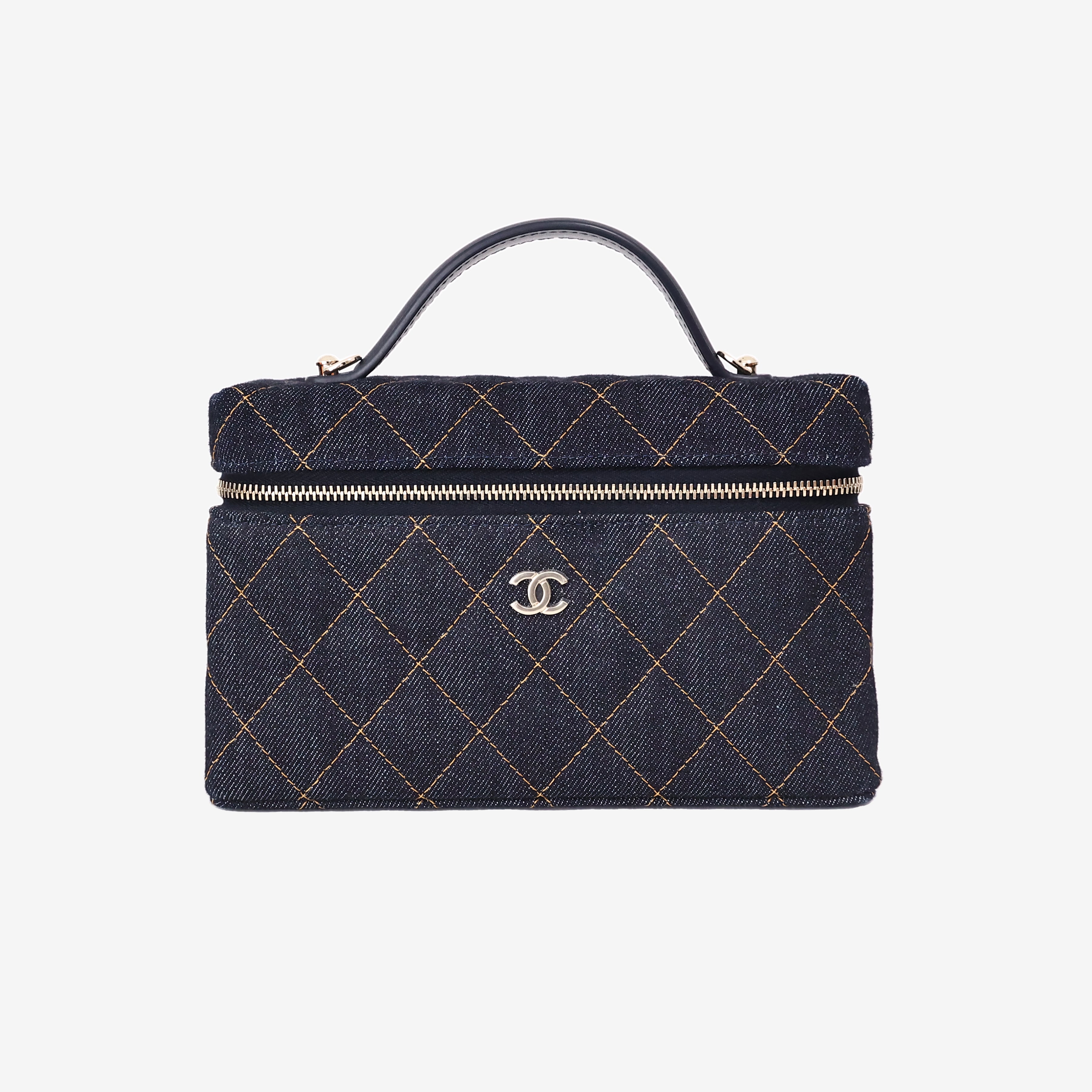 Chanel Classic Vanity with Chain in Dark Blue Denim with Gold Hardware front view