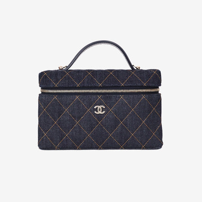 Chanel Classic Vanity with Chain in Dark Blue Denim with Gold Hardware front view
