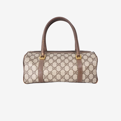 Gucci Vintage Boston Cylindrical Handbag in Beige GG Supreme Canvas and Leather with Gold Hardware