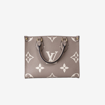Louis Vuitton OnTheGo PM Tote Bag in Tourterelle/Crème Monogram Empreinte Leather with Gold Hardware