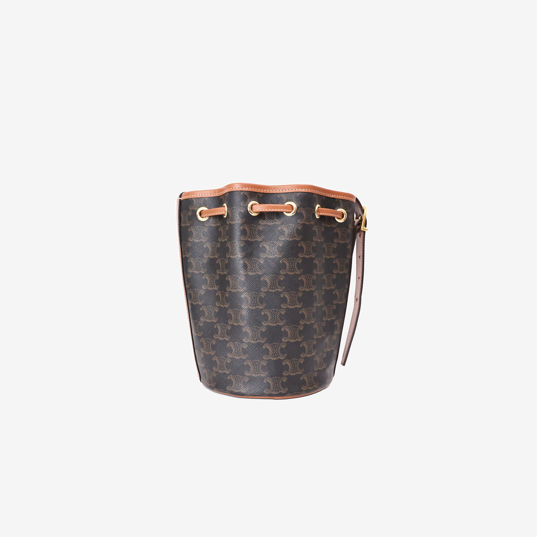 Celine Small Bucket Bag in Triomphe Canvas and Calfskin Leather with Gold Hardware front view