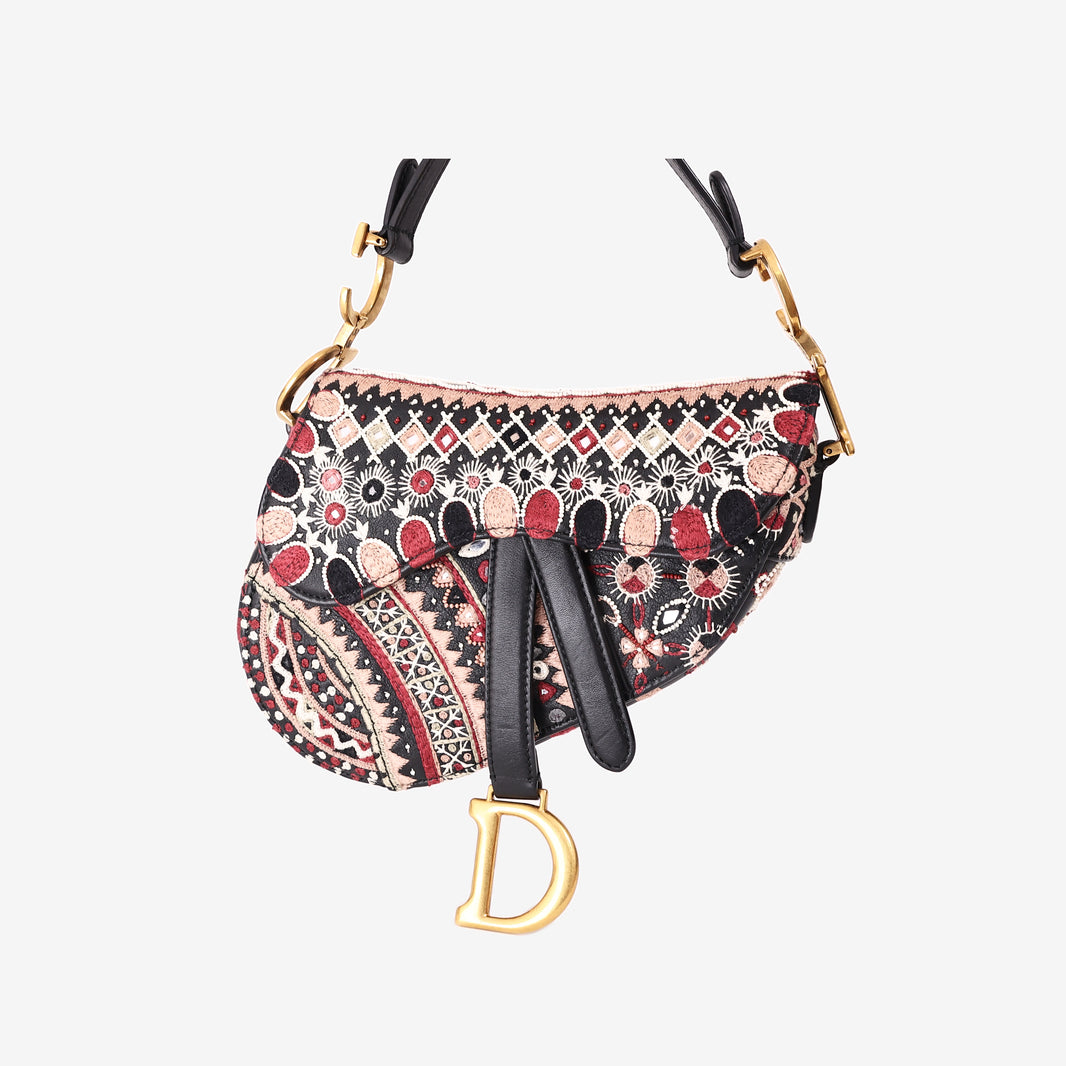 Christian Dior Mini Saddle Bag in Black/Burgundy/White Embroidered Canvas with Gold Hardware