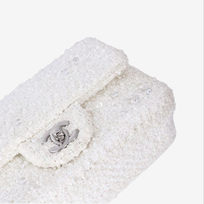 *EXCELLENT* Chanel Tweed Beaded Mini Rectangular Flap Bag in White Tweed with Palladium Hardware