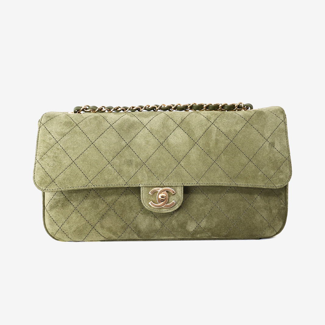 Chanel 26A Matthieu Blazy Maxi Flap Bag 32 in Khaki Suede Calfskin Leather with Gold Hardware