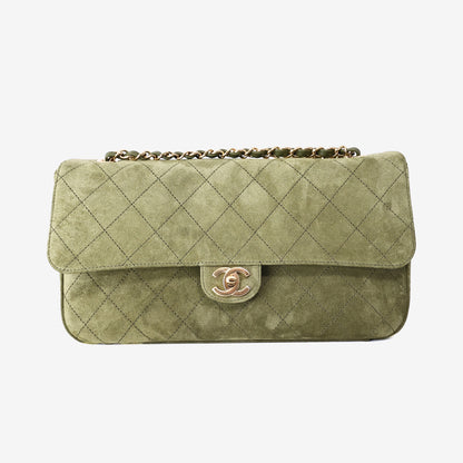 Chanel 26A Matthieu Blazy Maxi Flap Bag 32 in Khaki Suede Calfskin Leather with Gold Hardware