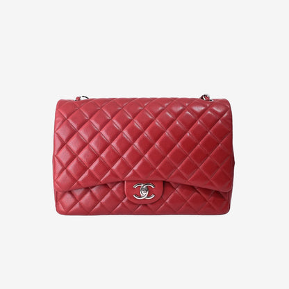 Chanel Classic Maxi Flap Bag in Red Caviar Leather with Silver Hardware