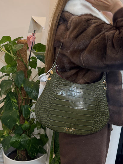 Chanel 26K Hobo Handbag in Khaki Crocodile-Embossed Calfskin Leather with Gold Hardware
