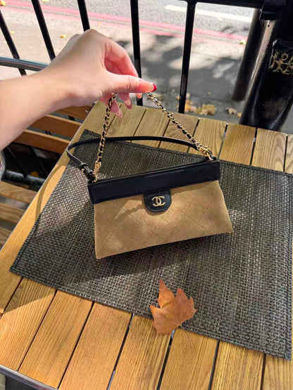 Chanel 26K Quilted Handbag in Beige Suede/Black Calfskin Leather with Gold Hardware