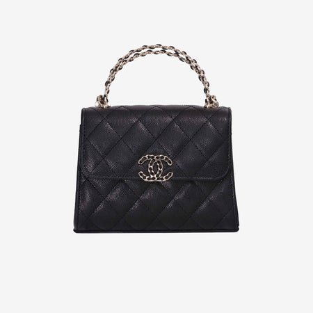 Chanel Double Chain Top Handle Flap in Black Caviar Leather with Gold Hardware