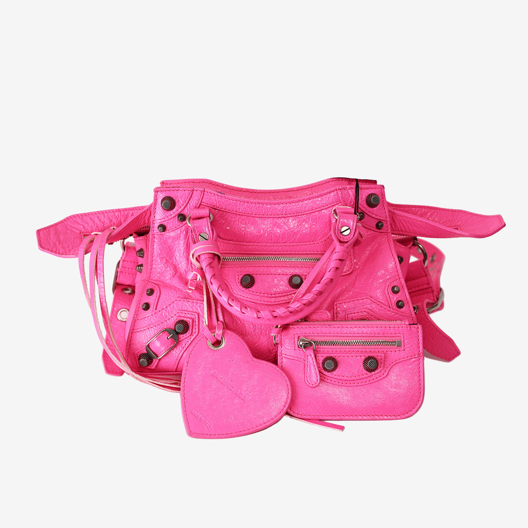 Balenciaga Neo Cagole City Bag in Fluorescent Pink Crinkled Lambskin Leather with Silver Hardware