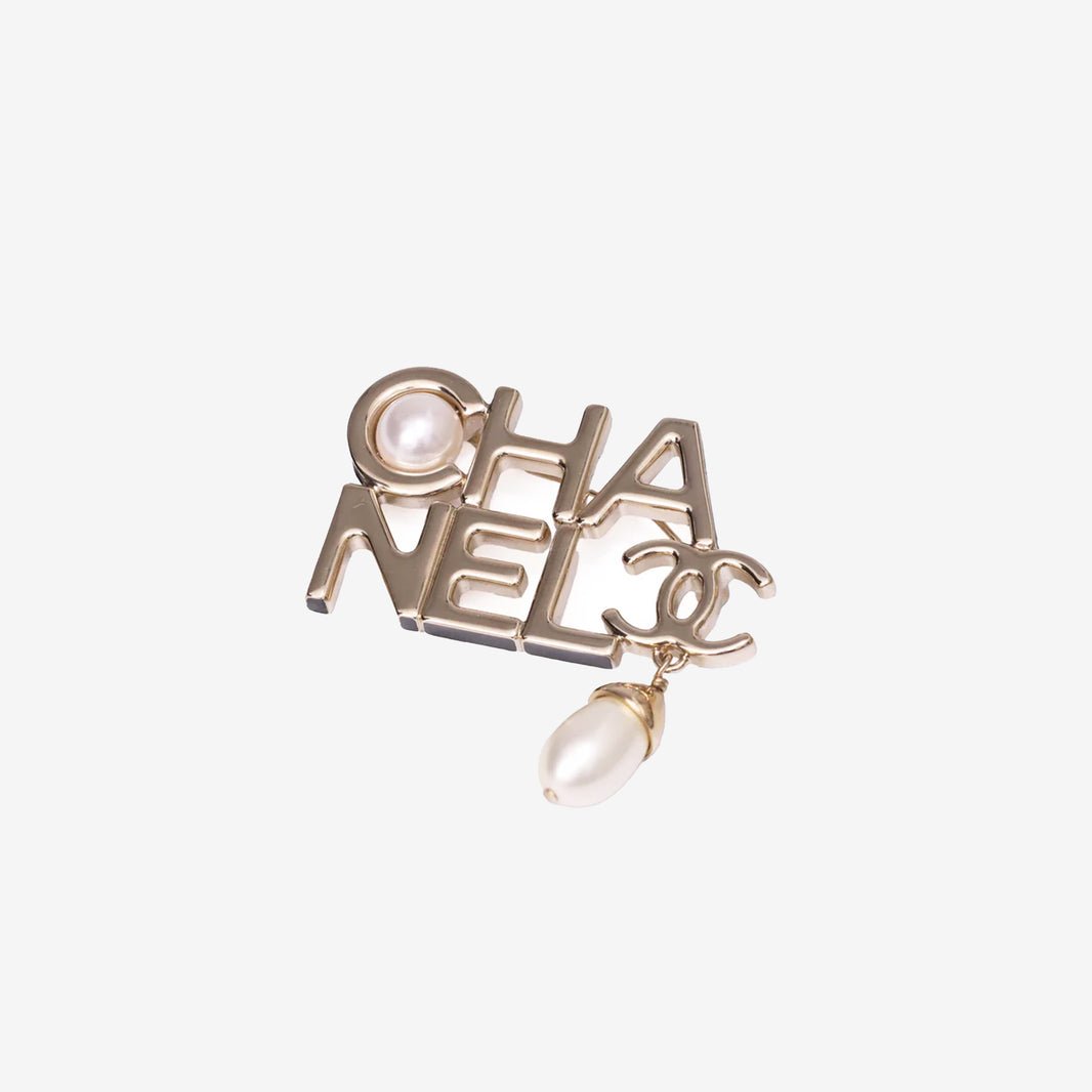 Chanel Logo Pearl Brooch in Light Gold with Resin Pearls